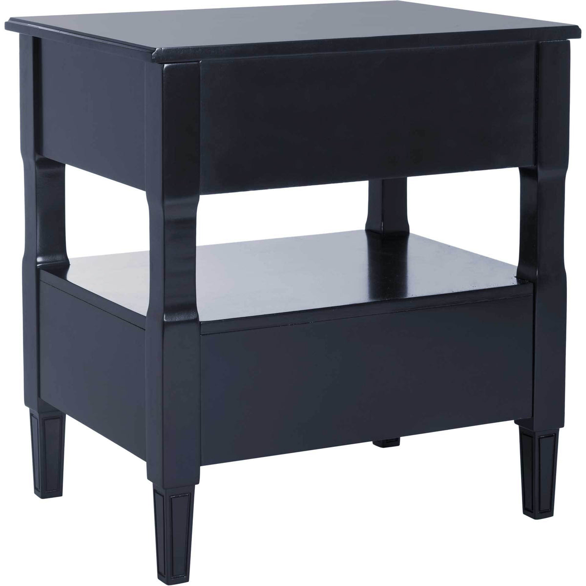 Solid navy panels frame a generous open shelf above refined tapered legs.