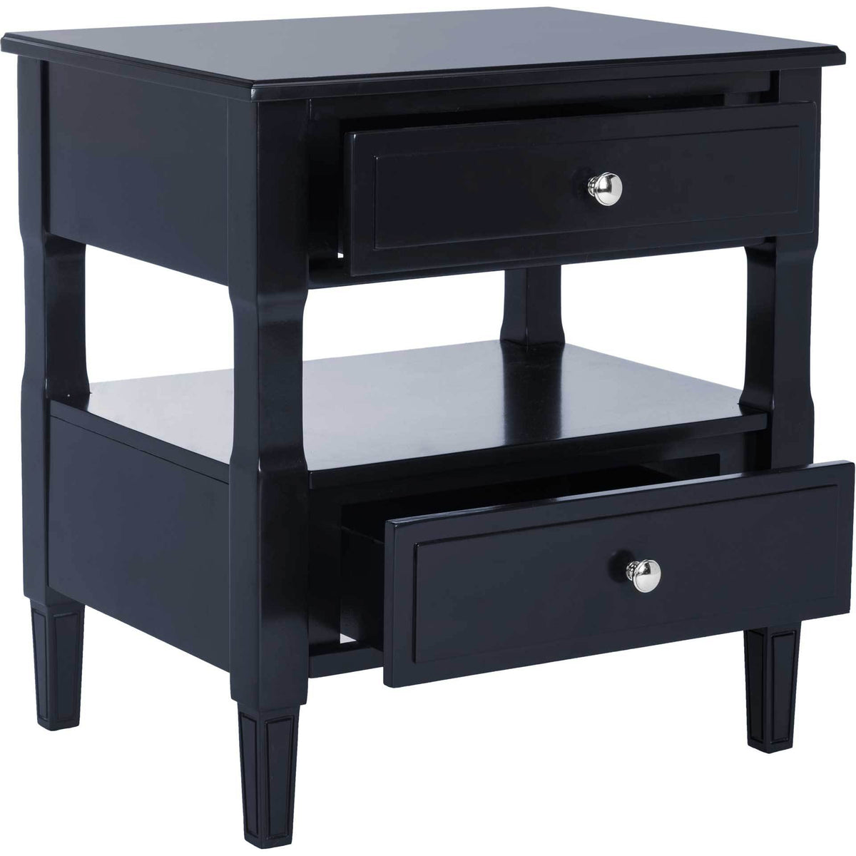 Open drawers highlight the navy nightstand's layered storage and gleaming round pulls.