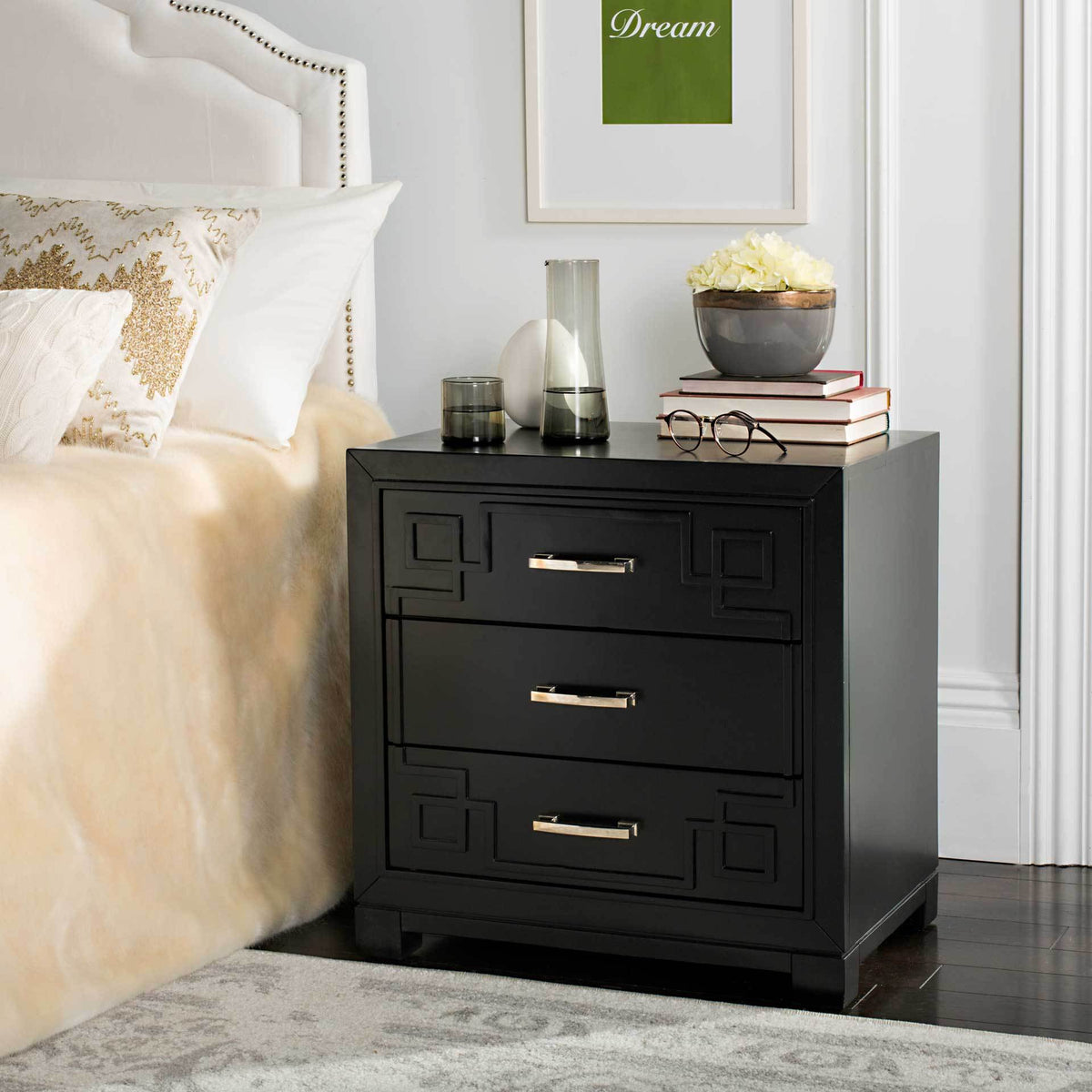 Randy 3 Drawer Greek Key Nightstand Black