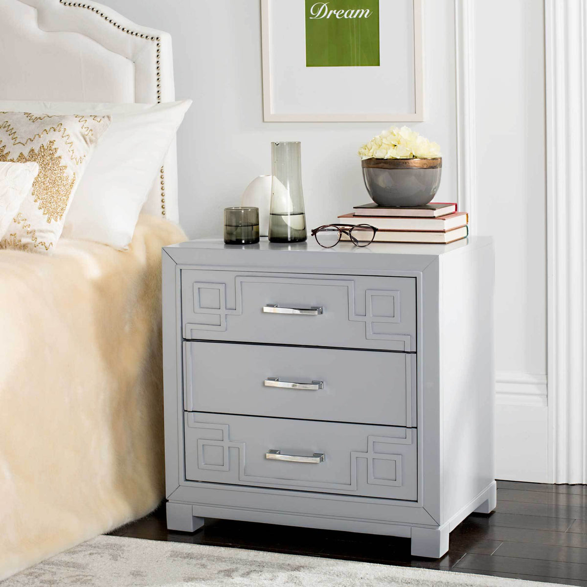 Randy 3 Drawer Greek Key Nightstand Gray