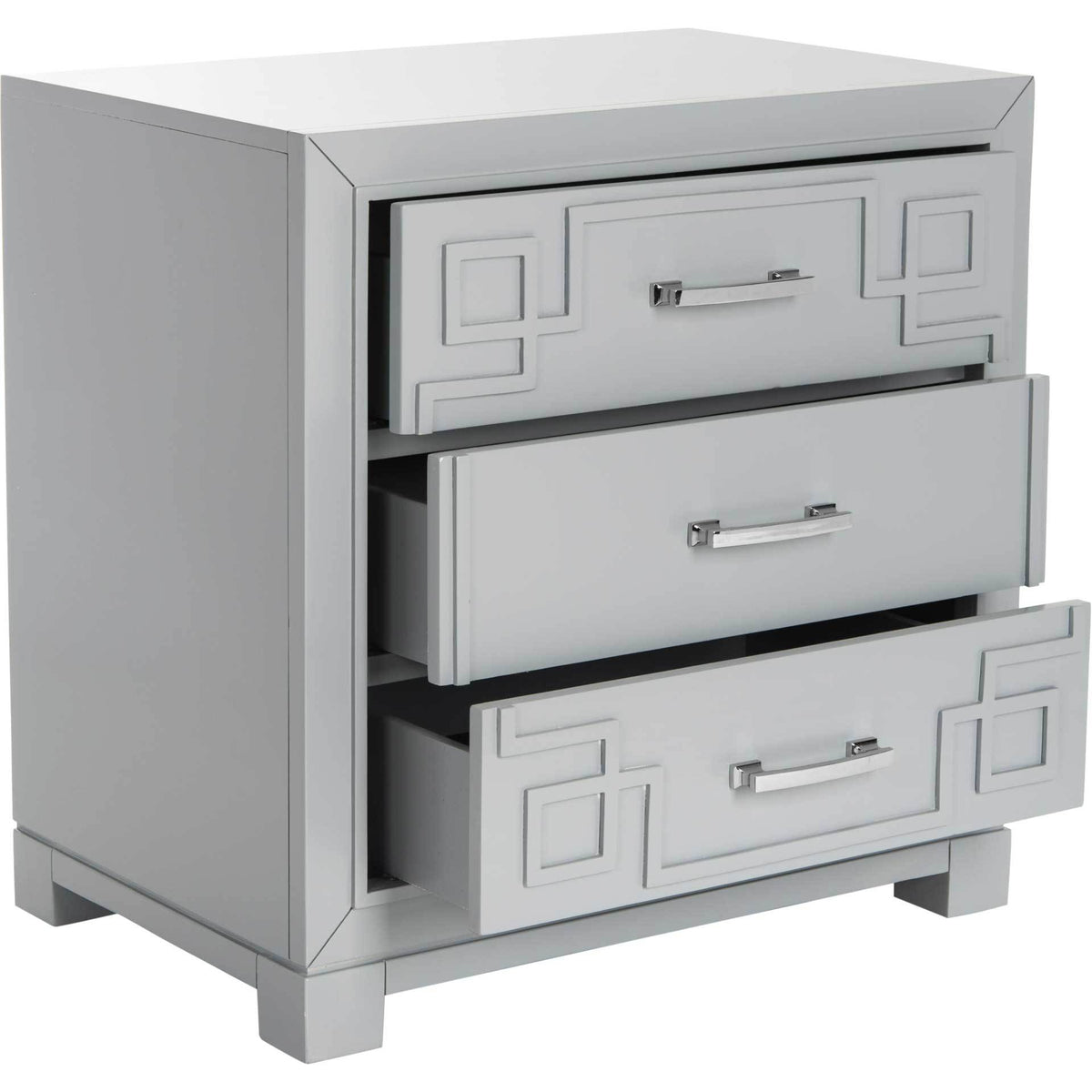 Three partially opened drawers offer storage beneath Greek key trim and chrome pulls on this gray nightstand.