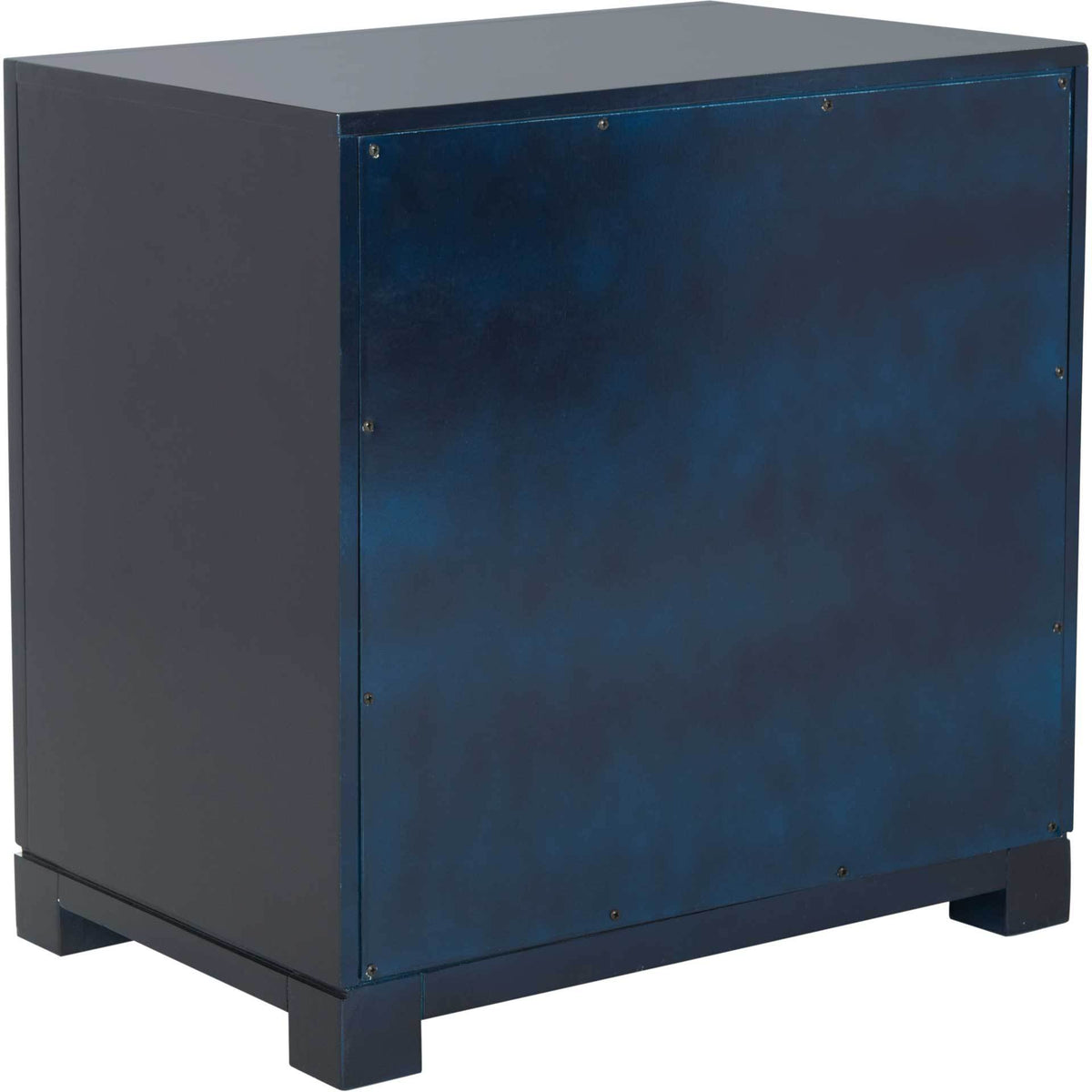 Rich navy finish wraps the smooth side and enclosed back panel of this sturdy nightstand.