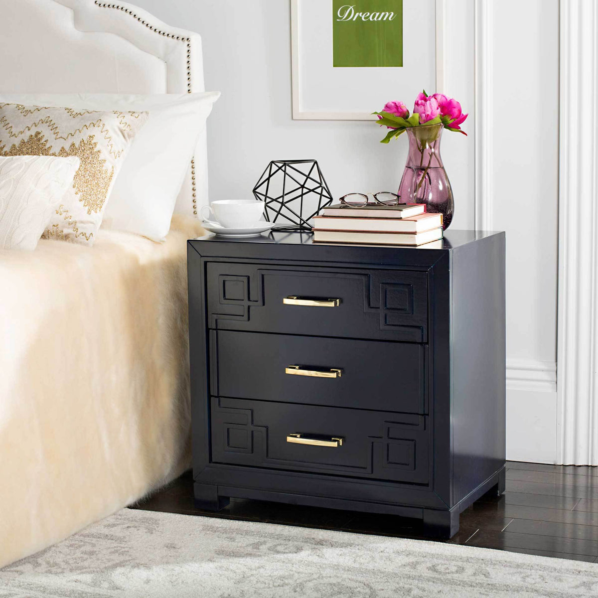 Randy 3 Drawer Greek Key Nightstand Navy