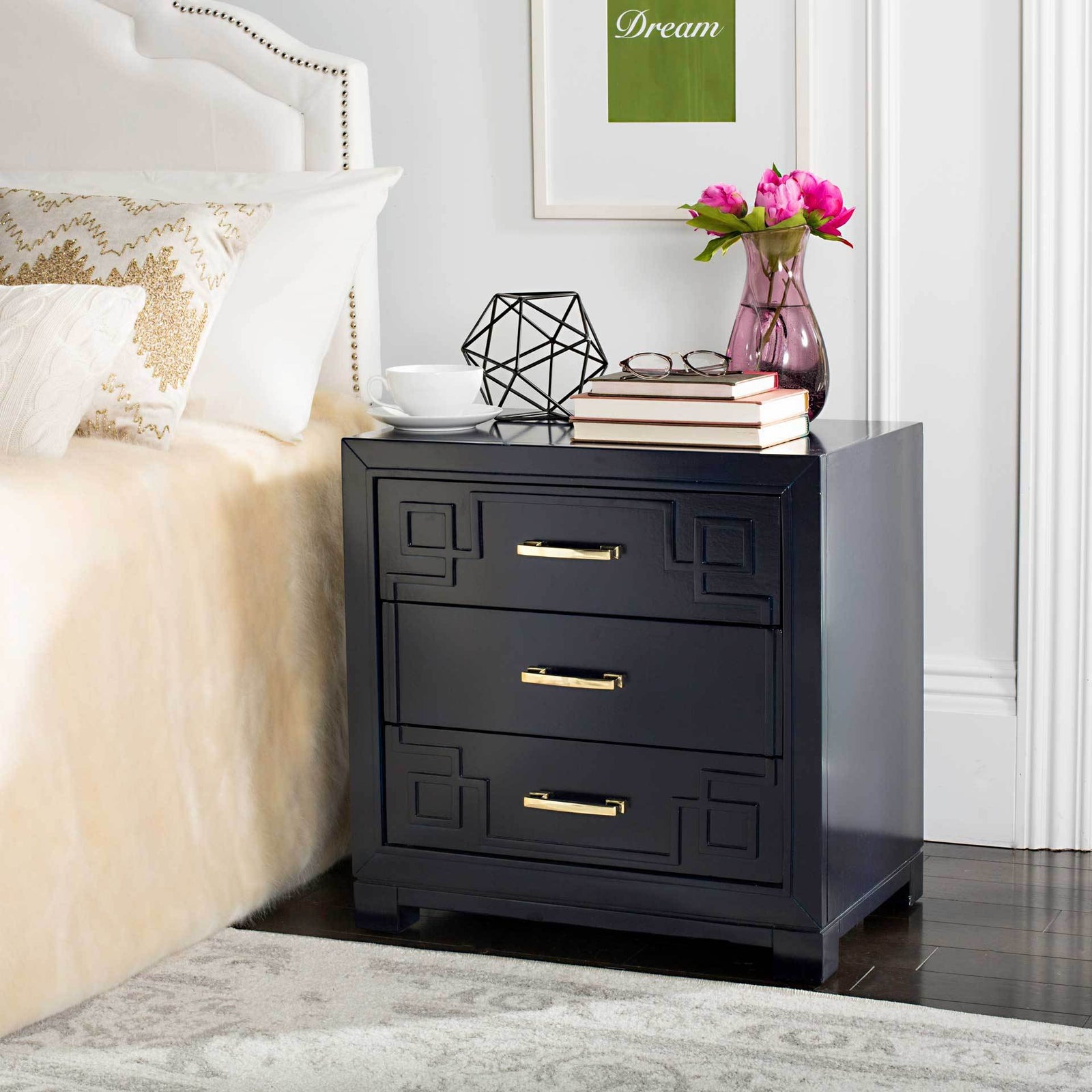 Randy 3 Drawer Greek Key Nightstand Navy