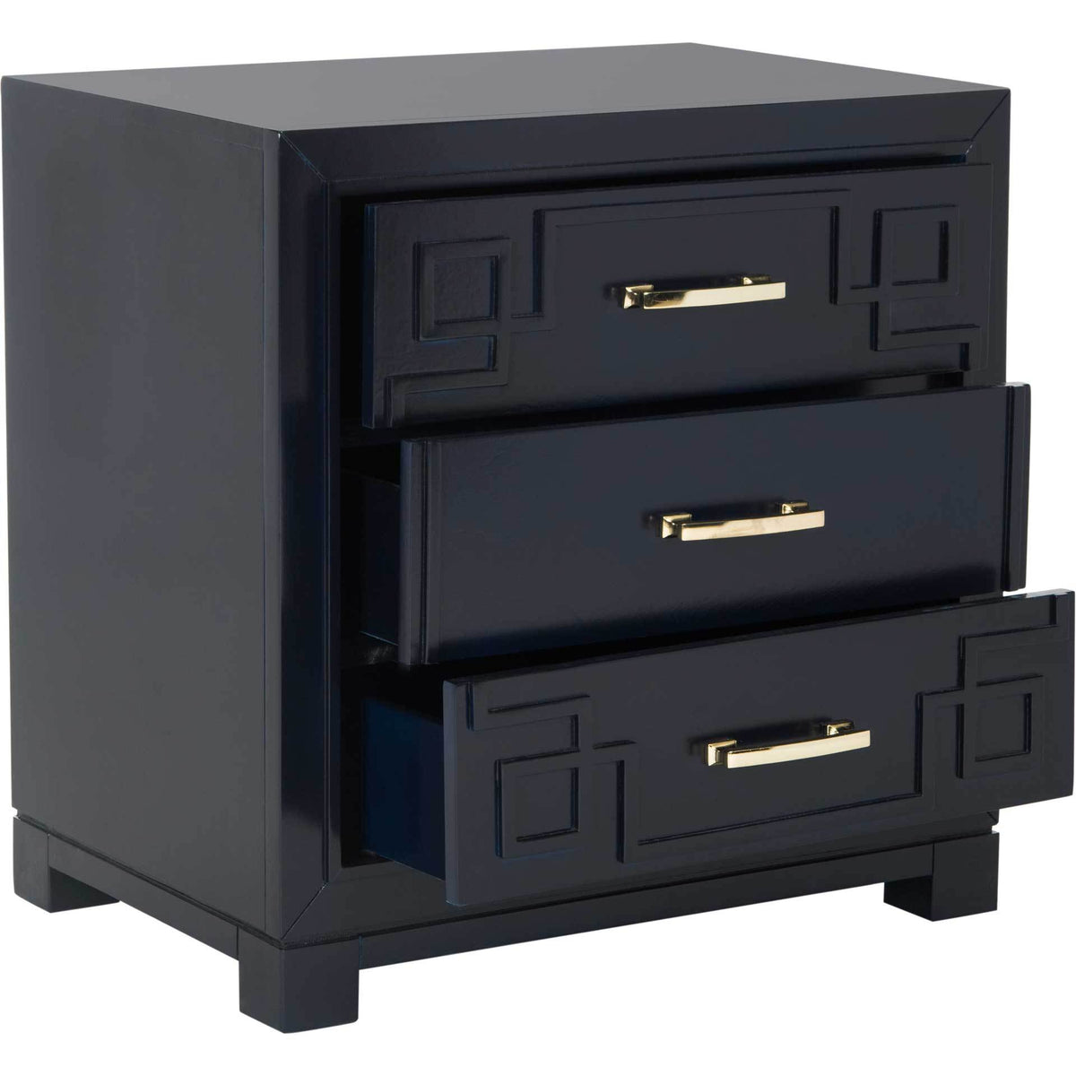 Partially opened navy drawers reveal storage behind Greek key fronts with brass-tone pulls.