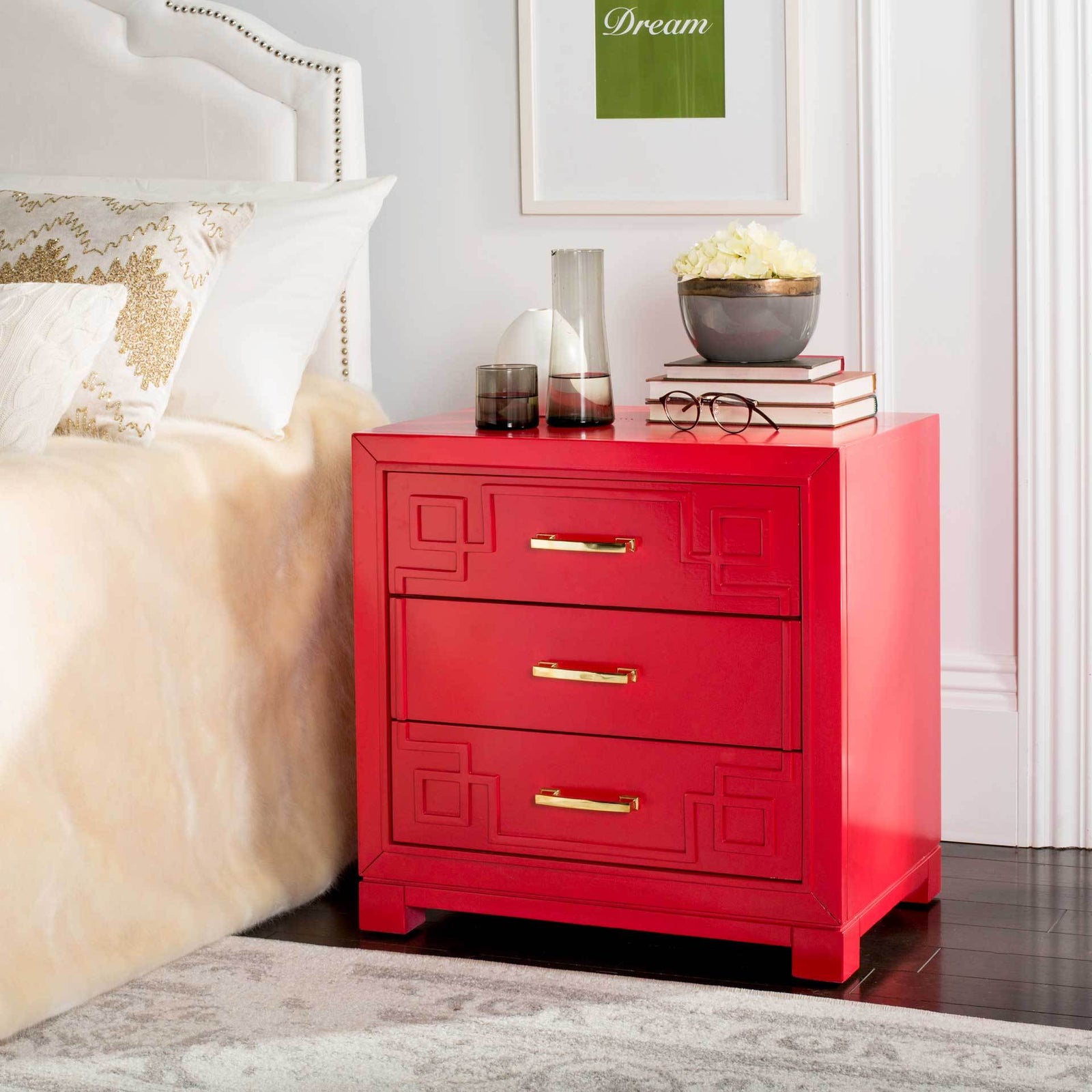 Randy 3 Drawer Greek Key Nightstand Red