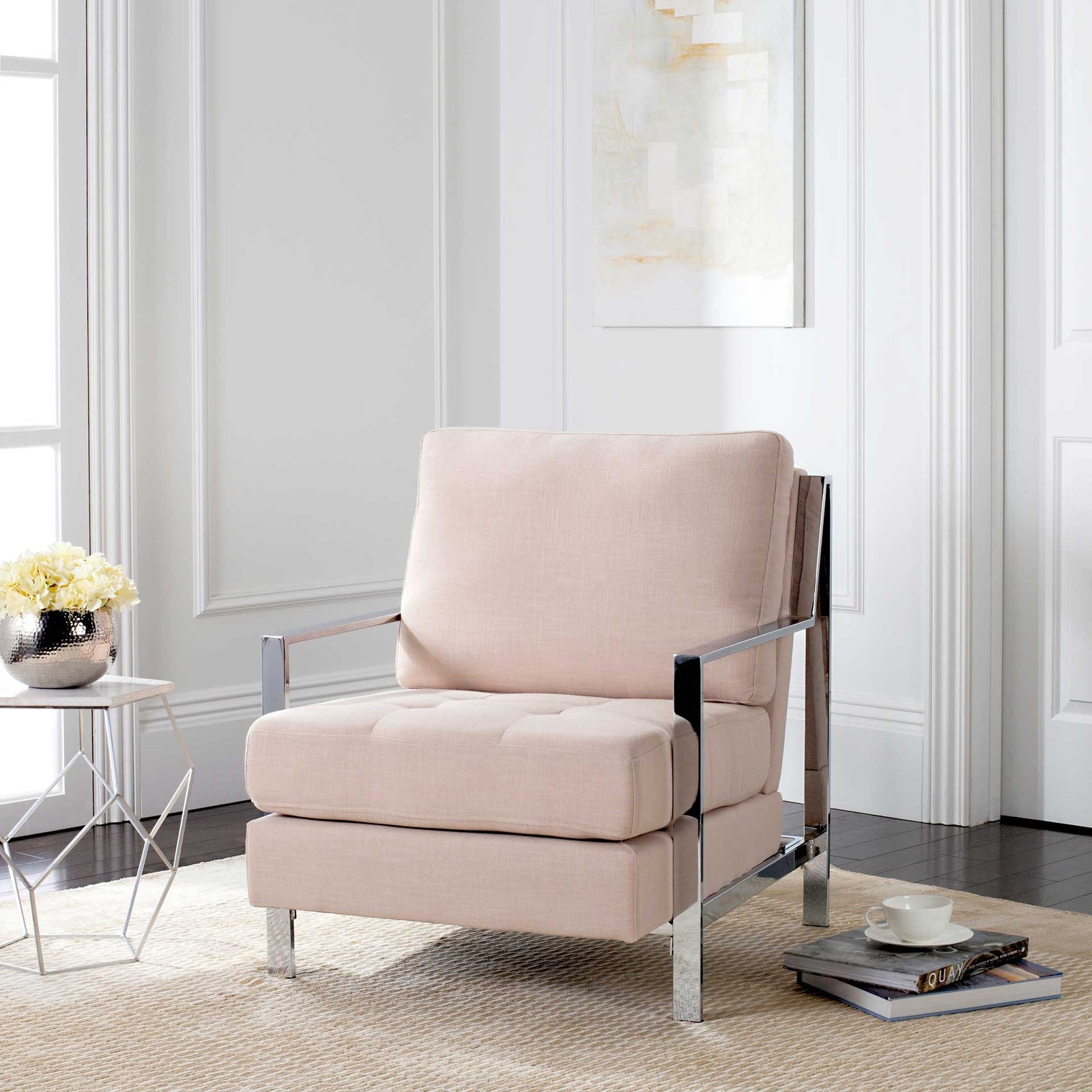 Waffle Tufted Linen Chrome Accent Chair Beige