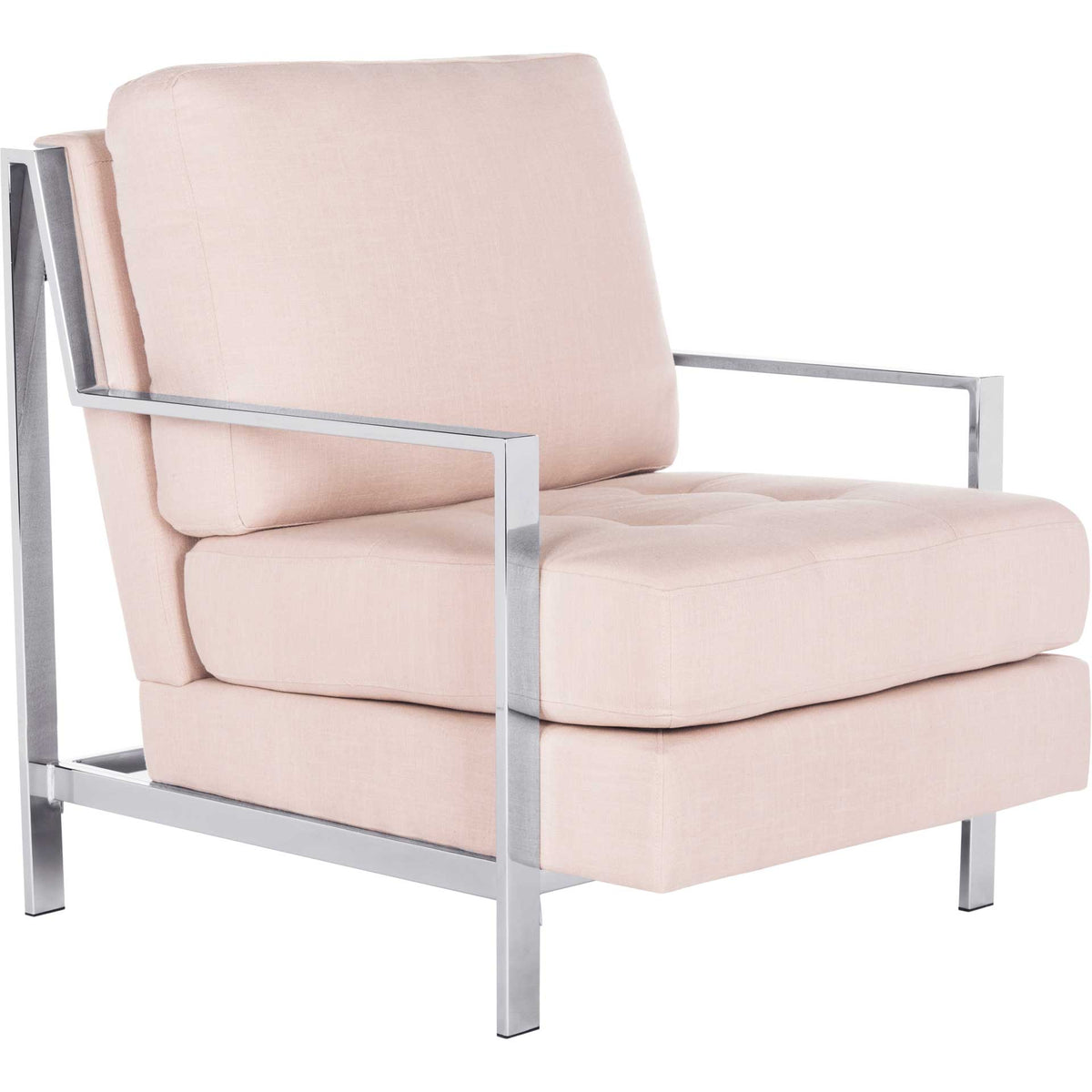 Plush beige linen-blend cushions and sleek chrome arms create an inviting modern accent chair || FOX6279A || front_angle_studio