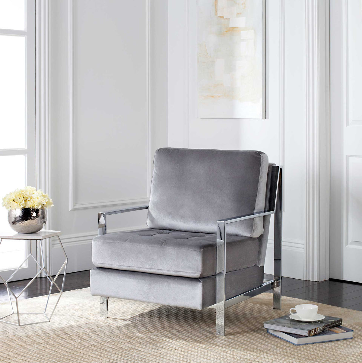 Waffle Velvet Chrome Accent Chair Light Gray