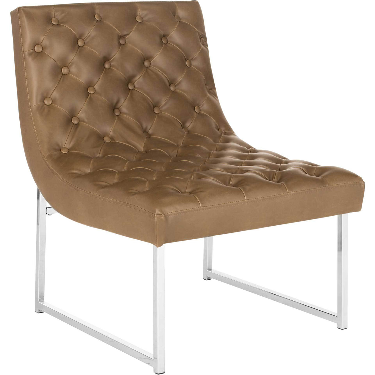 Armless antique taupe chair pairs button-tufted upholstery with polished chrome legs || FOX6283C || front_angle_studio