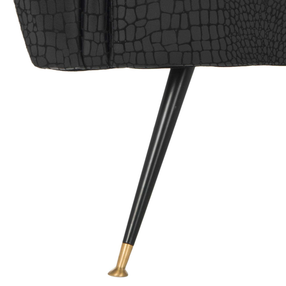 A slim black metal leg ends in a gleaming gold-tone cap beneath the textured seat