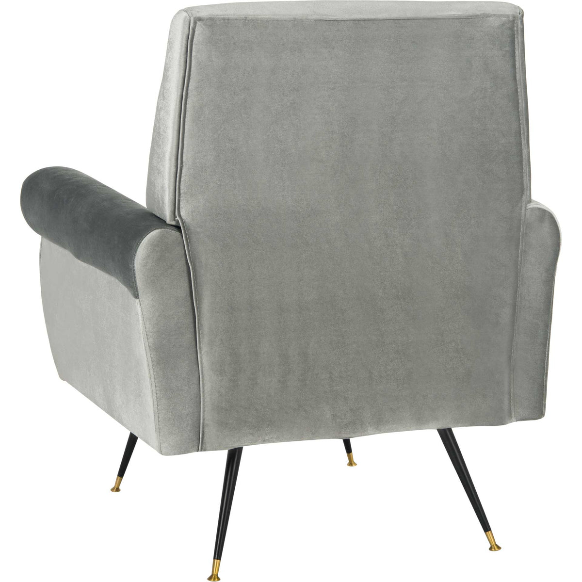 Smooth light gray velvet covers the tall back and sculpted arms of this accent chair