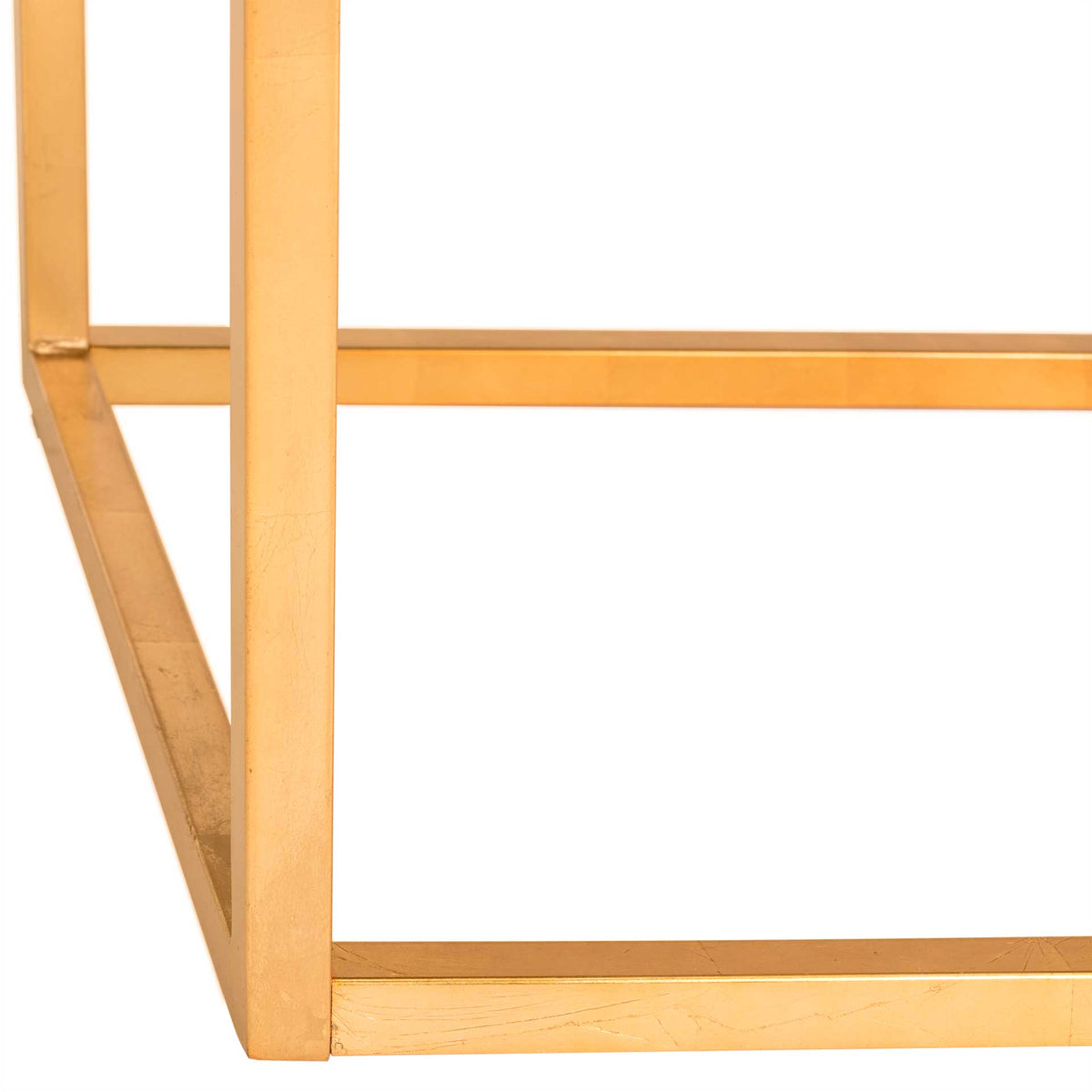 A straight gold metal leg joins the square open base for a clean, geometric design.