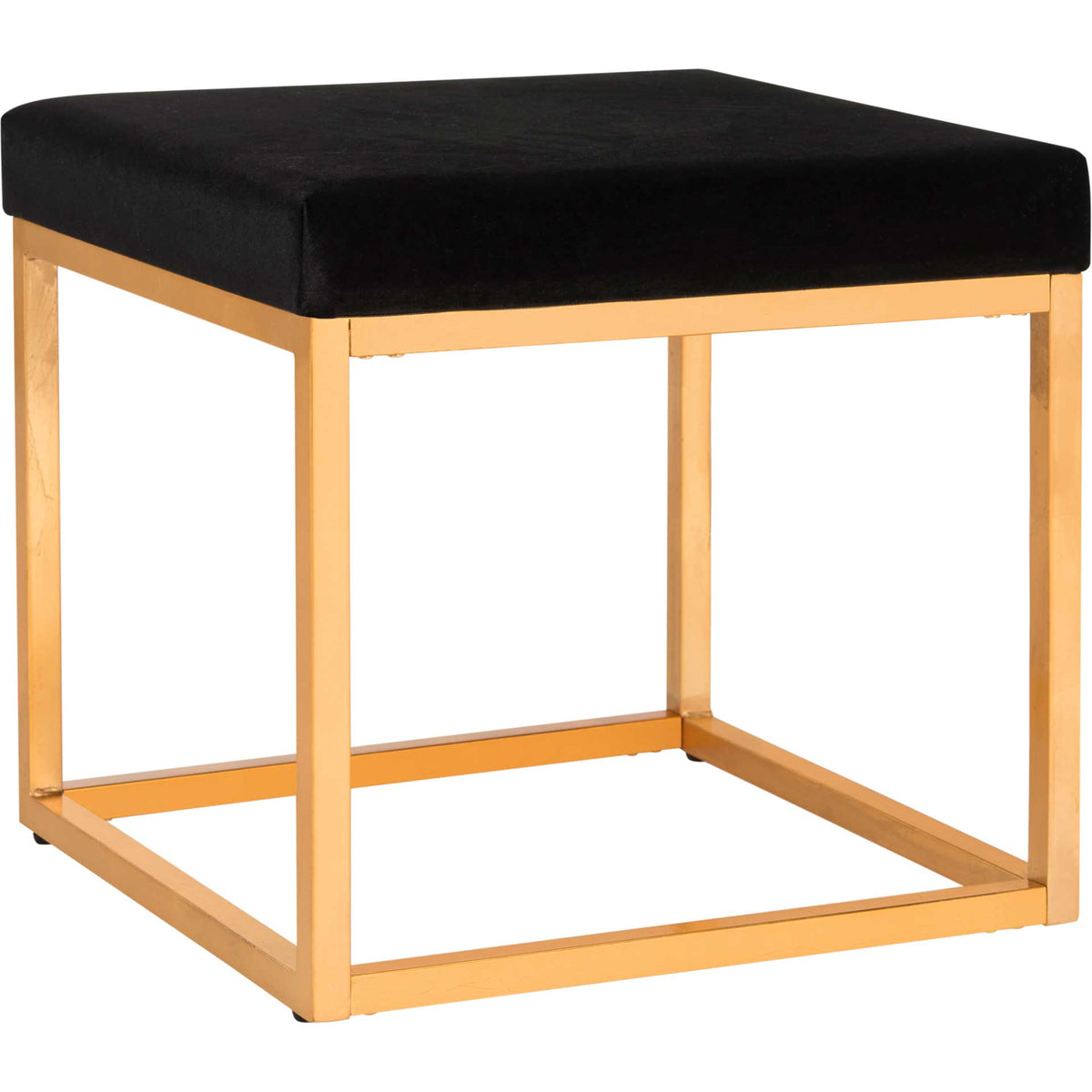 A thick black velvet cushion contrasts with an open, geometric gold metal frame. || FOX6288A || front_angle_studio