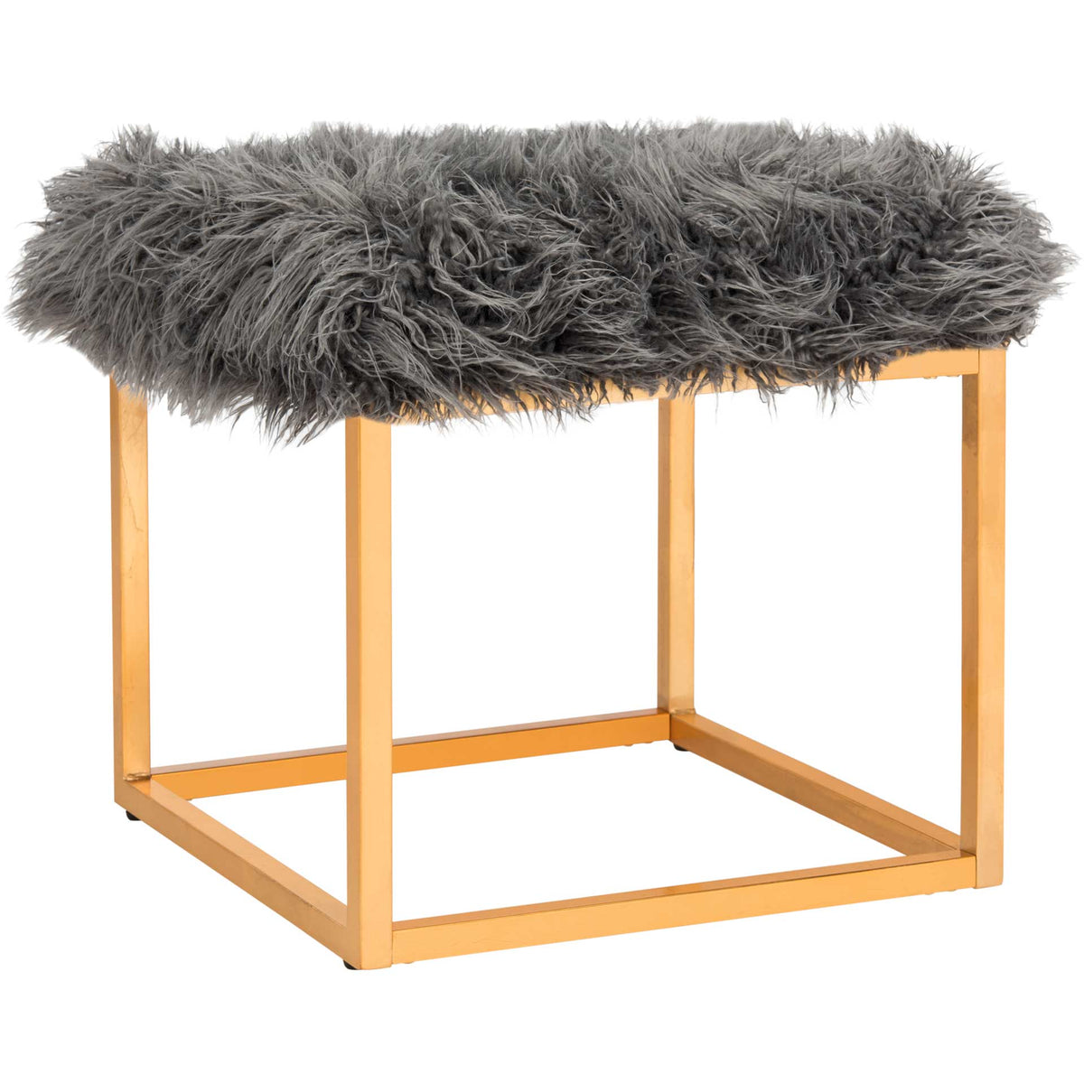 Thick gray faux sheepskin softens a gold metal frame with an open square base. || FOX6288B || front_angle_studio