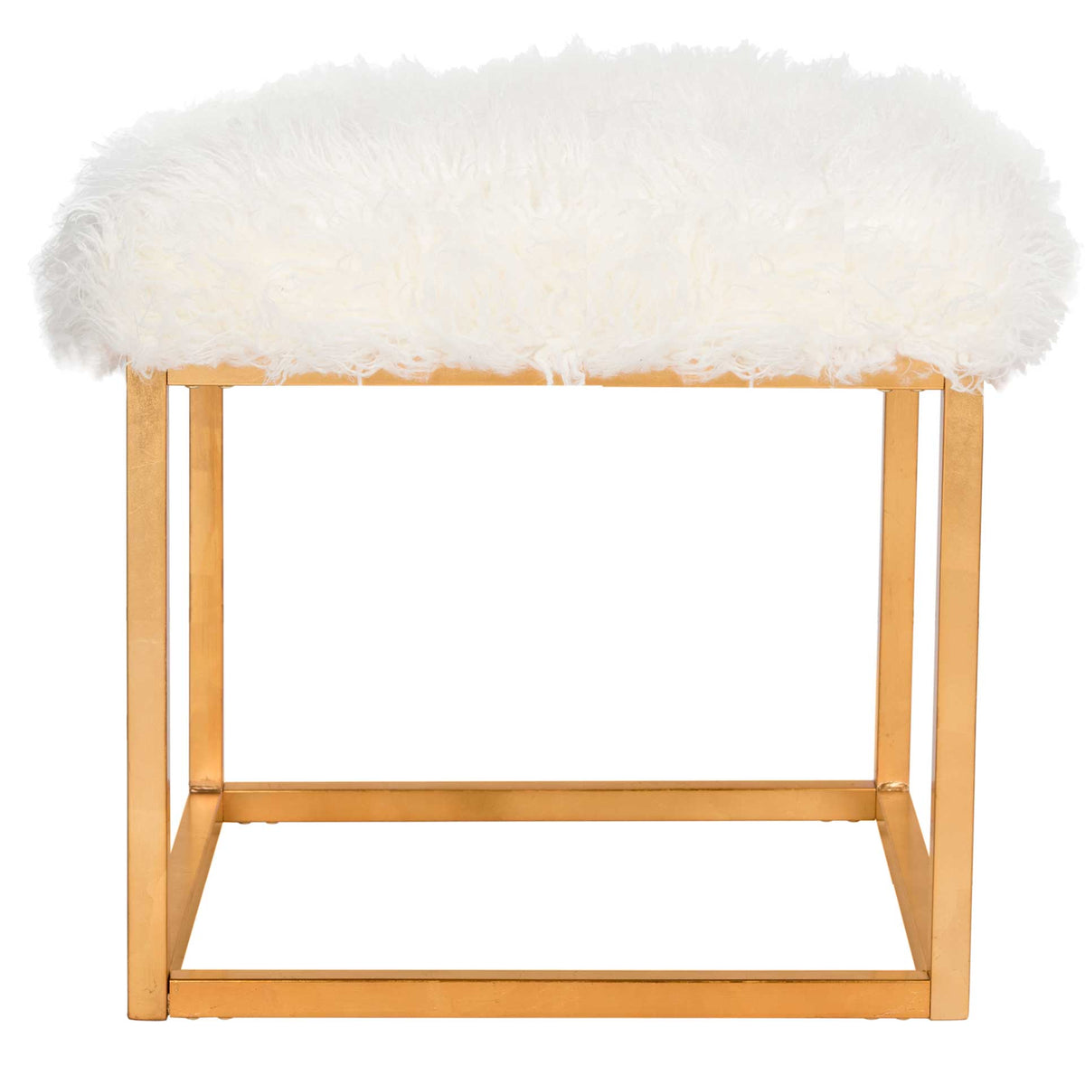 White faux sheepskin creates a plush square cushion above a geometric gold metal base. || FOX6288C || front_studio