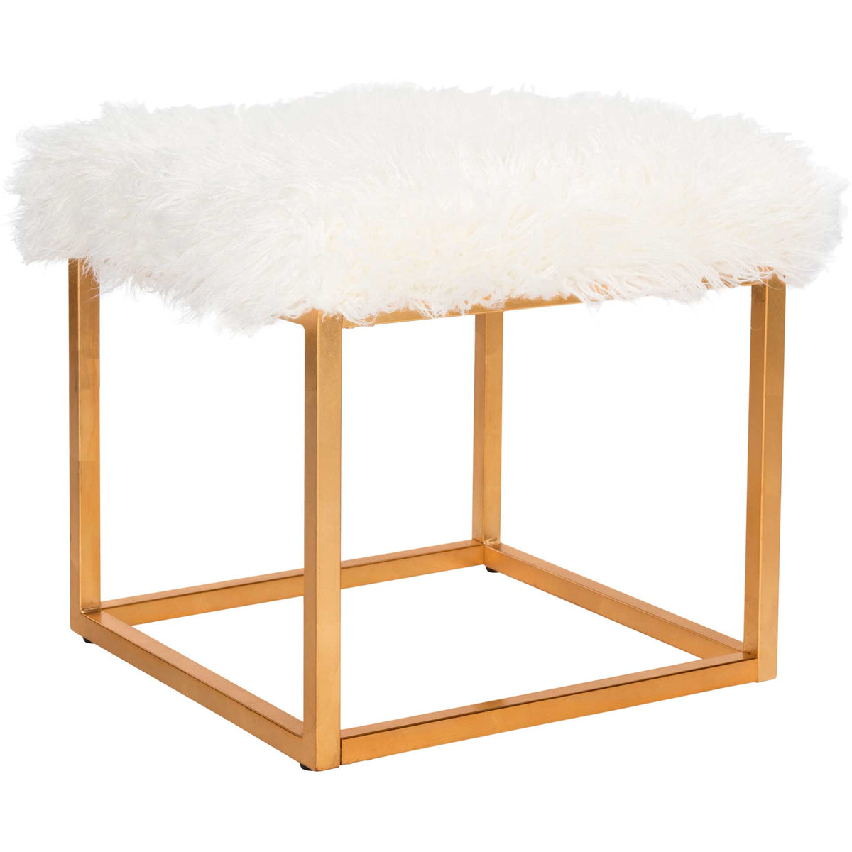 A fluffy white faux sheepskin seat crowns a gold frame with an open base. || FOX6288C || front_angle_studio