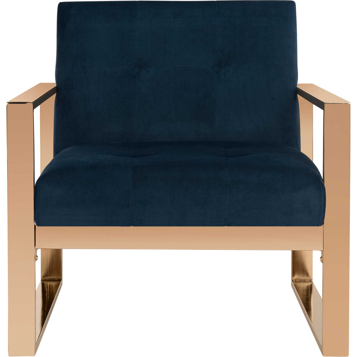 Deep navy velvet upholstery and streamlined metal arms create a polished, modern accent chair || FOX6290A || front_studio