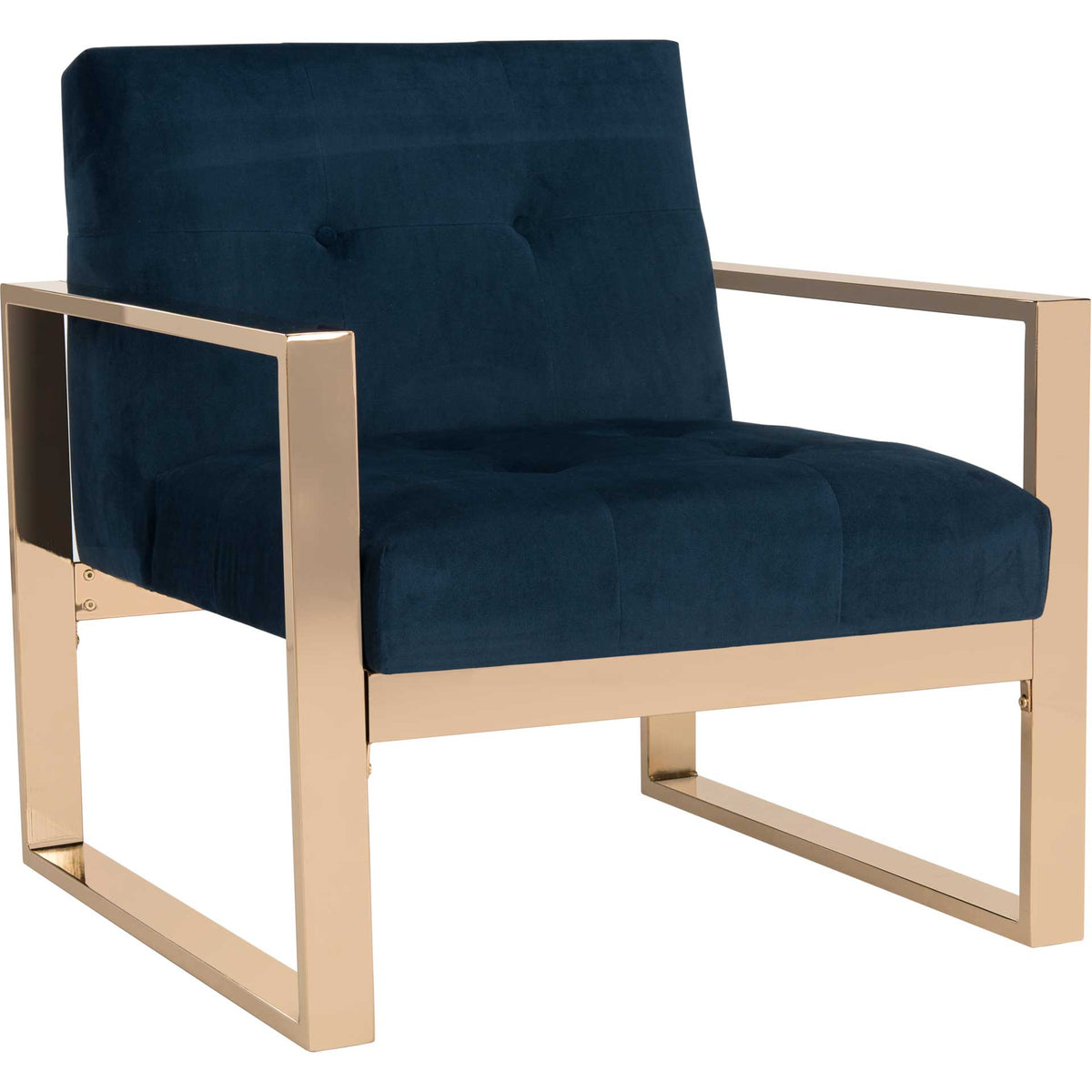 Plush navy velvet cushions and a button-tufted backrest pair with a geometric brass-tone frame || FOX6290A || front_angle_studio