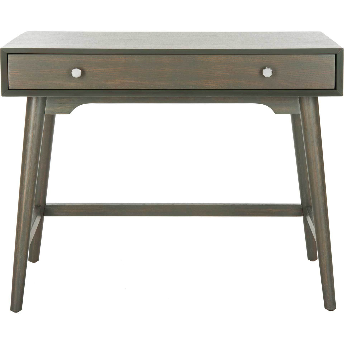 Weathered gray desk features a wide storage drawer, polished knobs, and splayed legs. || FOX6293A || front_studio
