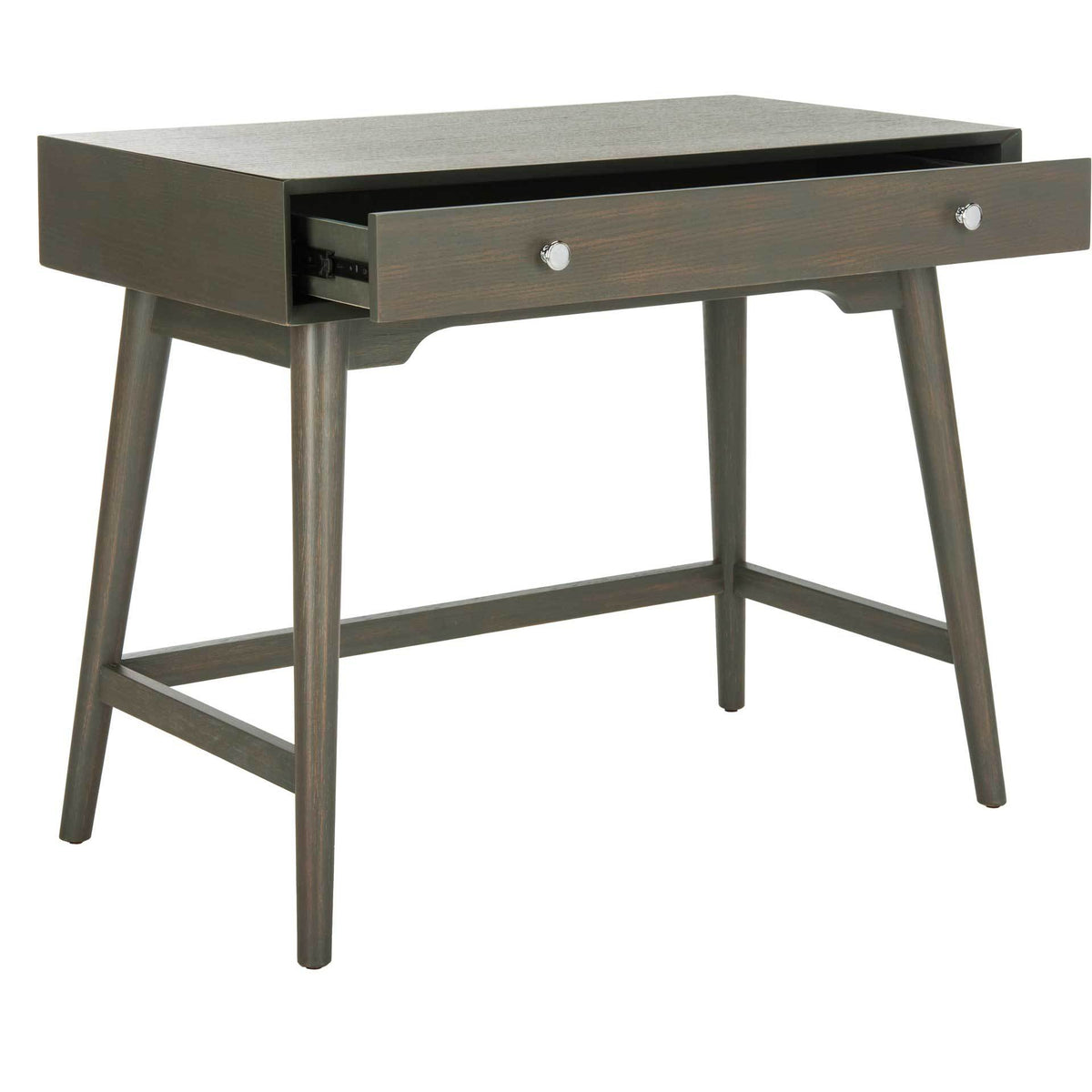 A generous drawer slides out beneath the gray desktop, with dual chrome knobs for easy access.