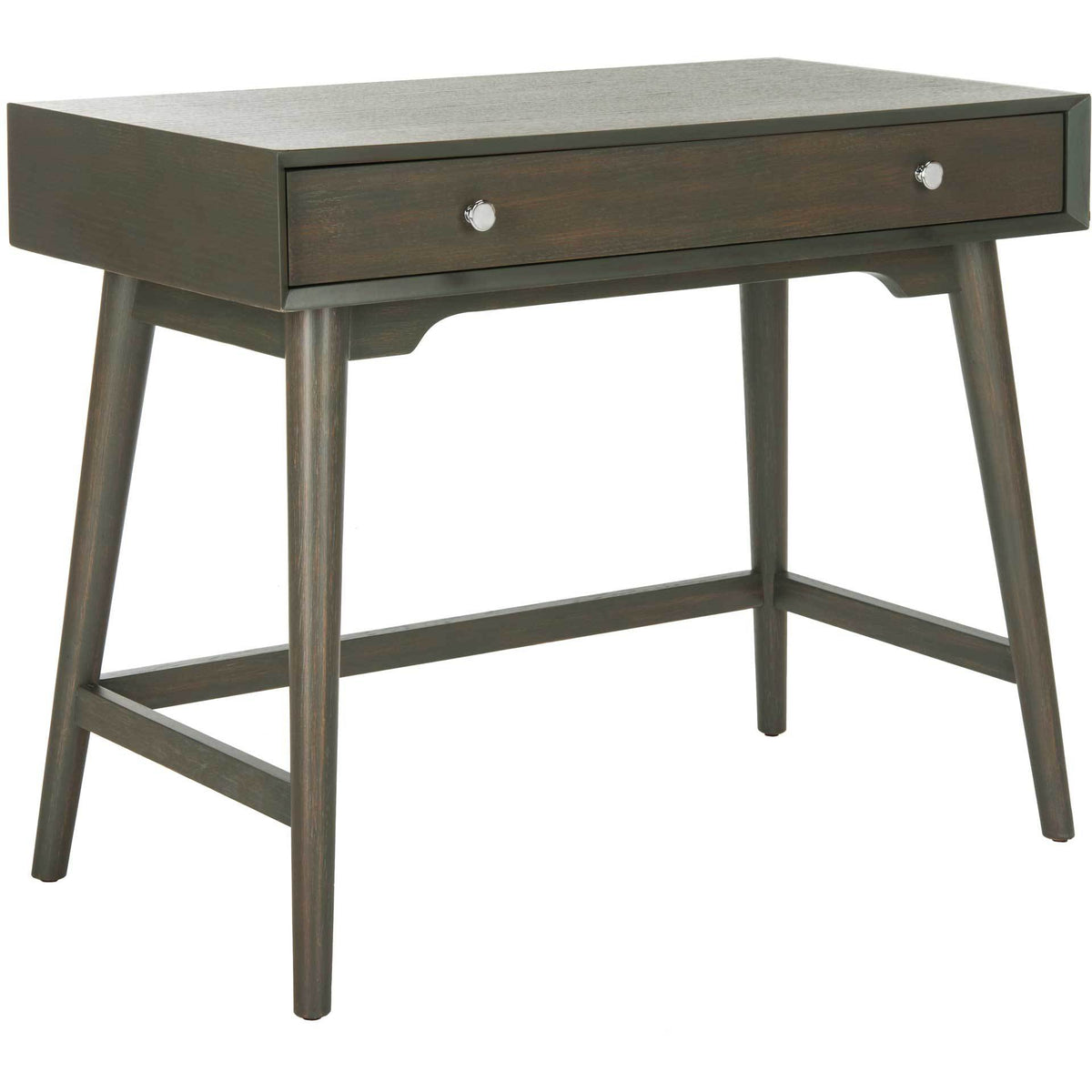 Weathered gray desk pairs a spacious work surface with a wide drawer and tapered legs. || FOX6293A || front_angle_studio