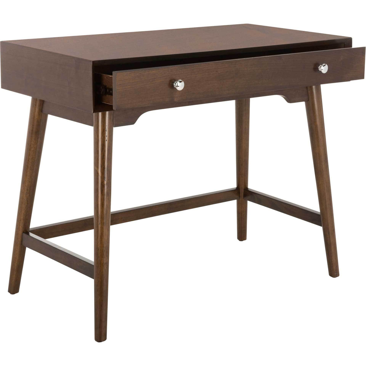 A spacious drawer extends from the walnut-finished desk beneath a smooth work surface.