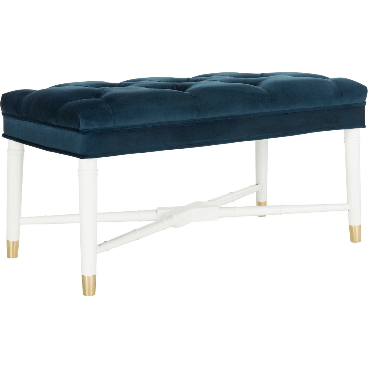 Deeply tufted navy velvet rests on a white bamboo-style frame with brass-capped feet || FOX6294A || front_angle_studio