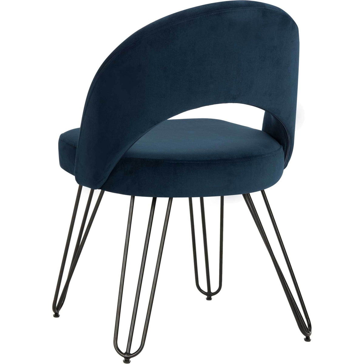 The wraparound navy velvet back and slim black legs lend the chair a refined retro feel