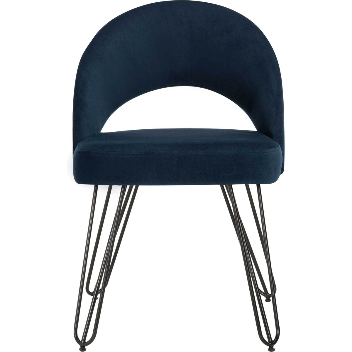 A soft navy seat and arched cutout back create inviting comfort over slim black hairpin legs || FOX6296A-SET2 || front_studio