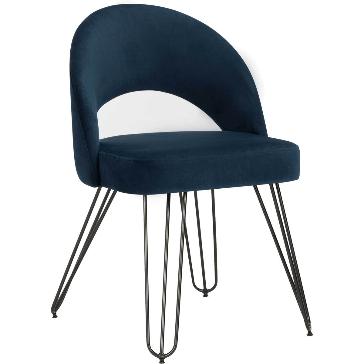 Rich navy velvet, a curved cutout back and airy hairpin legs create a sleek, inviting chair || FOX6296A-SET2 || front_angle_studio