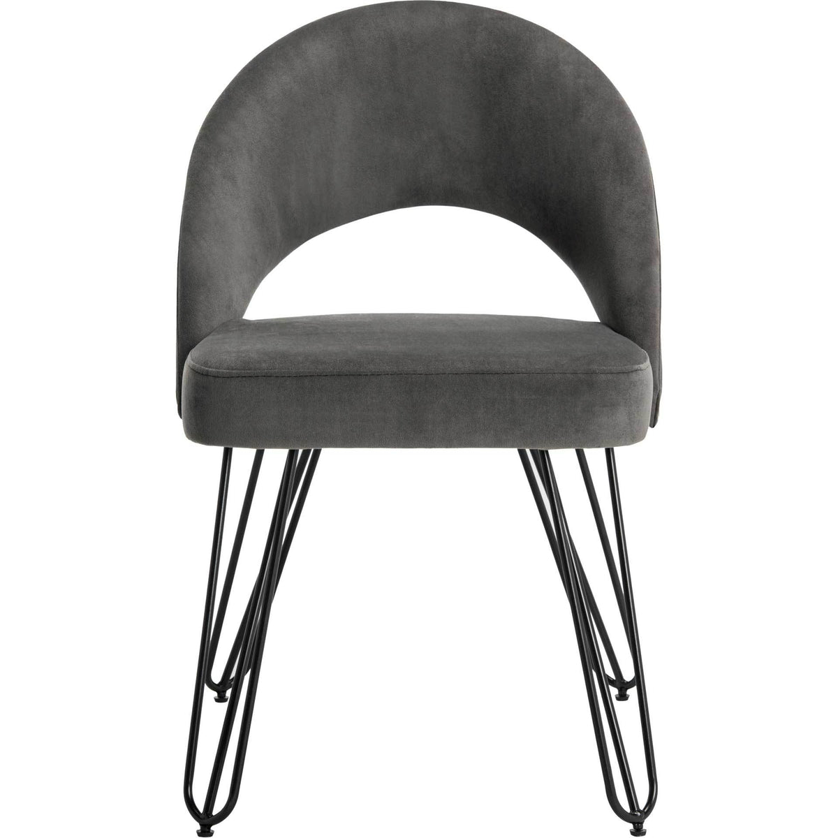 A rounded open back frames a plush dark gray velvet seat above slender black hairpin legs || FOX6296B-SET2 || front_studio