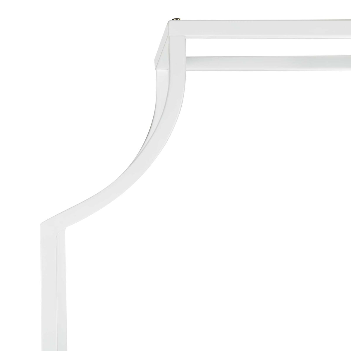 Gently curved white metal meets the straight top rail in an elegant frame.