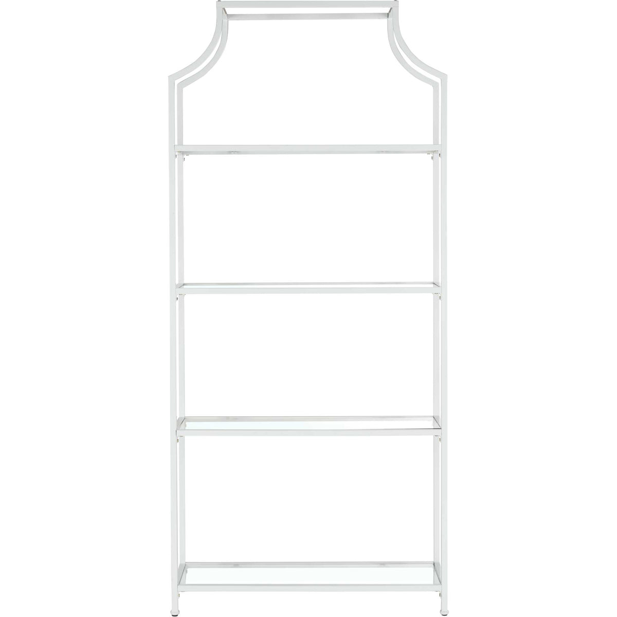 A slender white frame rises around four open glass shelves for vertical display. || FOX6298A || front_studio