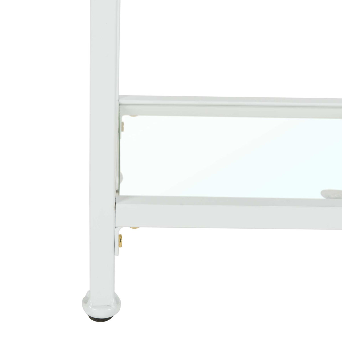 A rounded white foot supports the frame beneath a clear glass bottom shelf.