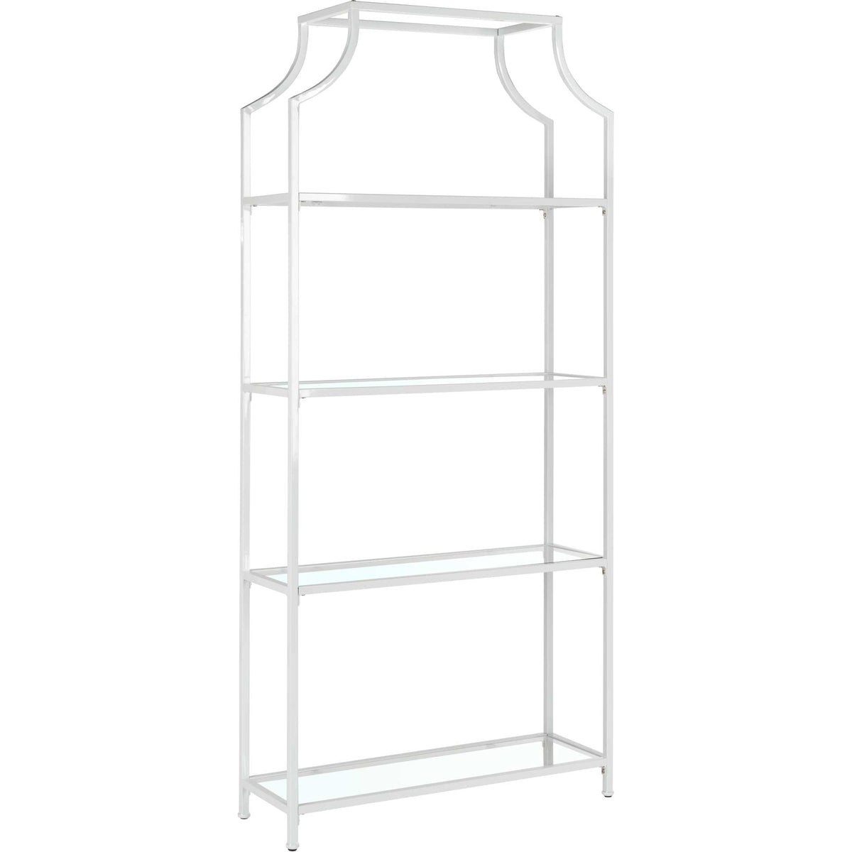 Bright white metal curves above four clear glass shelves in an airy etagere. || FOX6298A || front_angle_studio