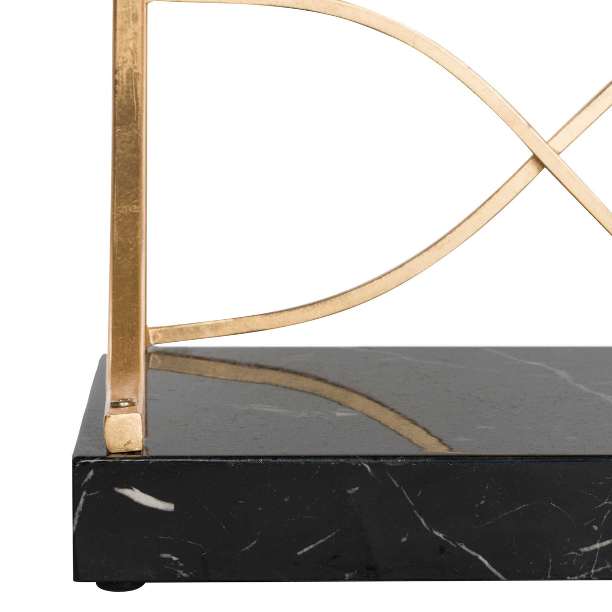 A black marble veneer base with pale veining anchors the gold frame and sweeping curved supports.