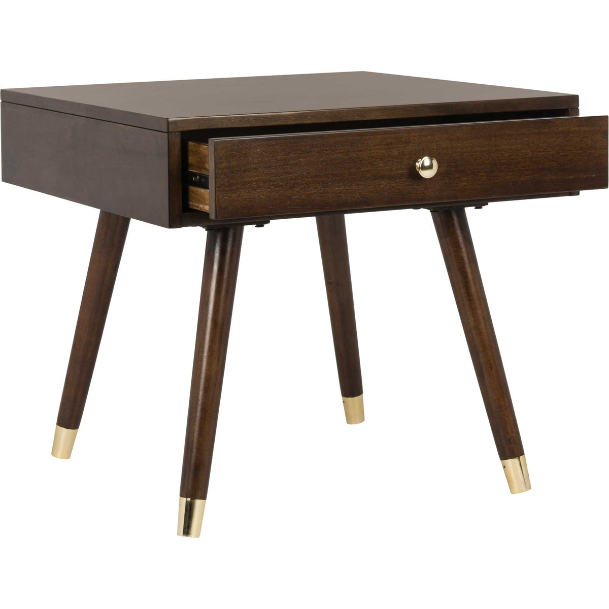 A wide drawer opens beneath the rich brown top, with a polished gold knob adding a refined touch.