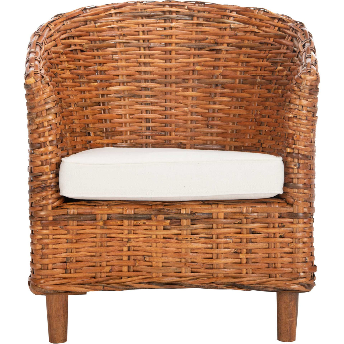 A honey-toned rattan barrel chair pairs a curved woven back with a soft white cushion. || FOX6501A || front_studio