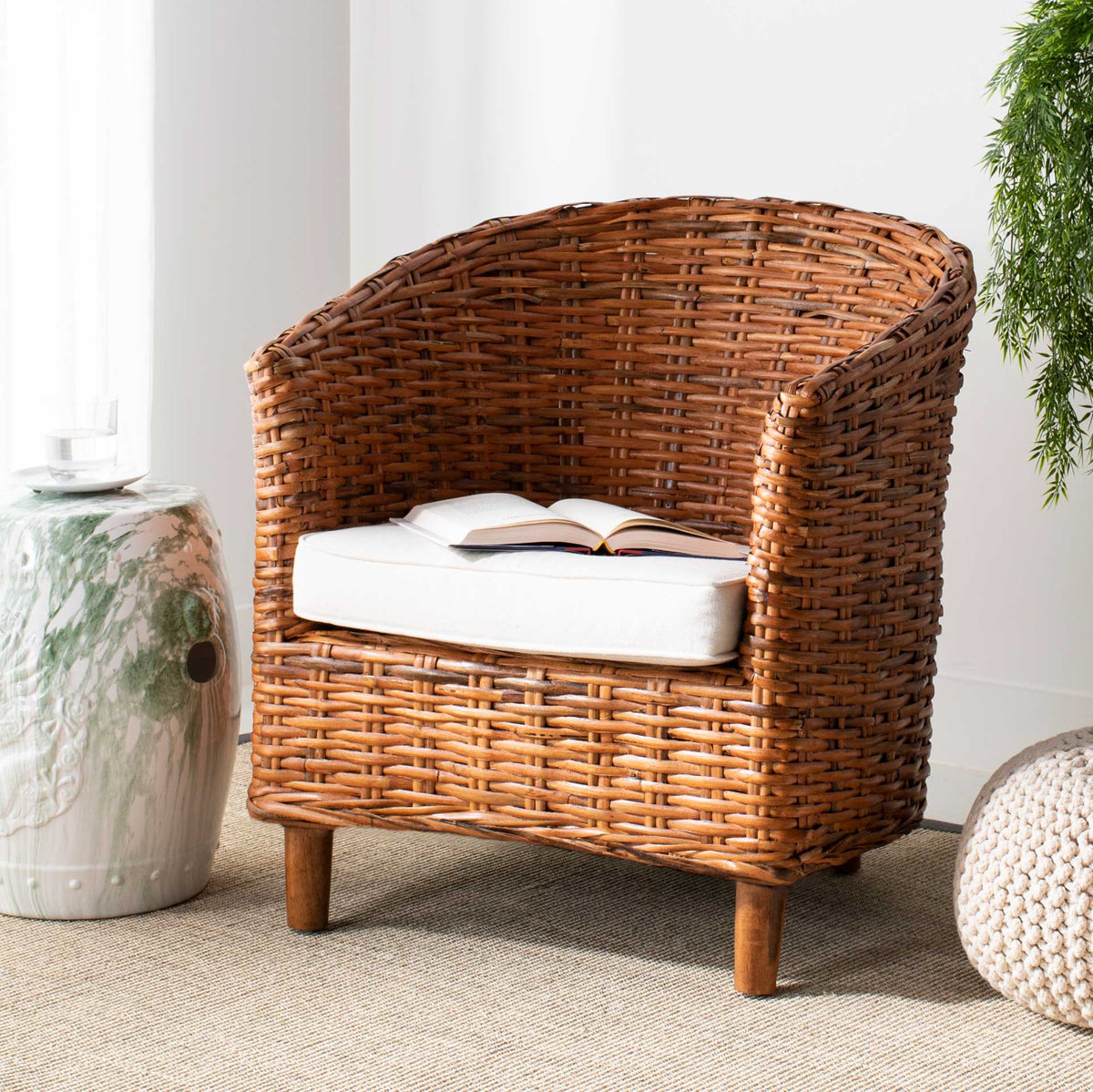 Omar Rattan Barrel Chair Honey/White