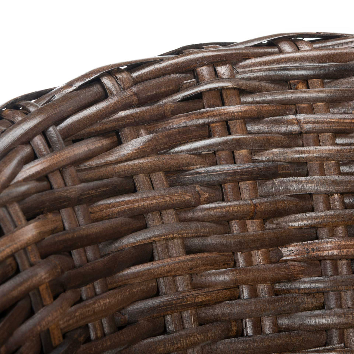 Interlaced dark brown rattan strands form the chair's thick, rounded rim.
