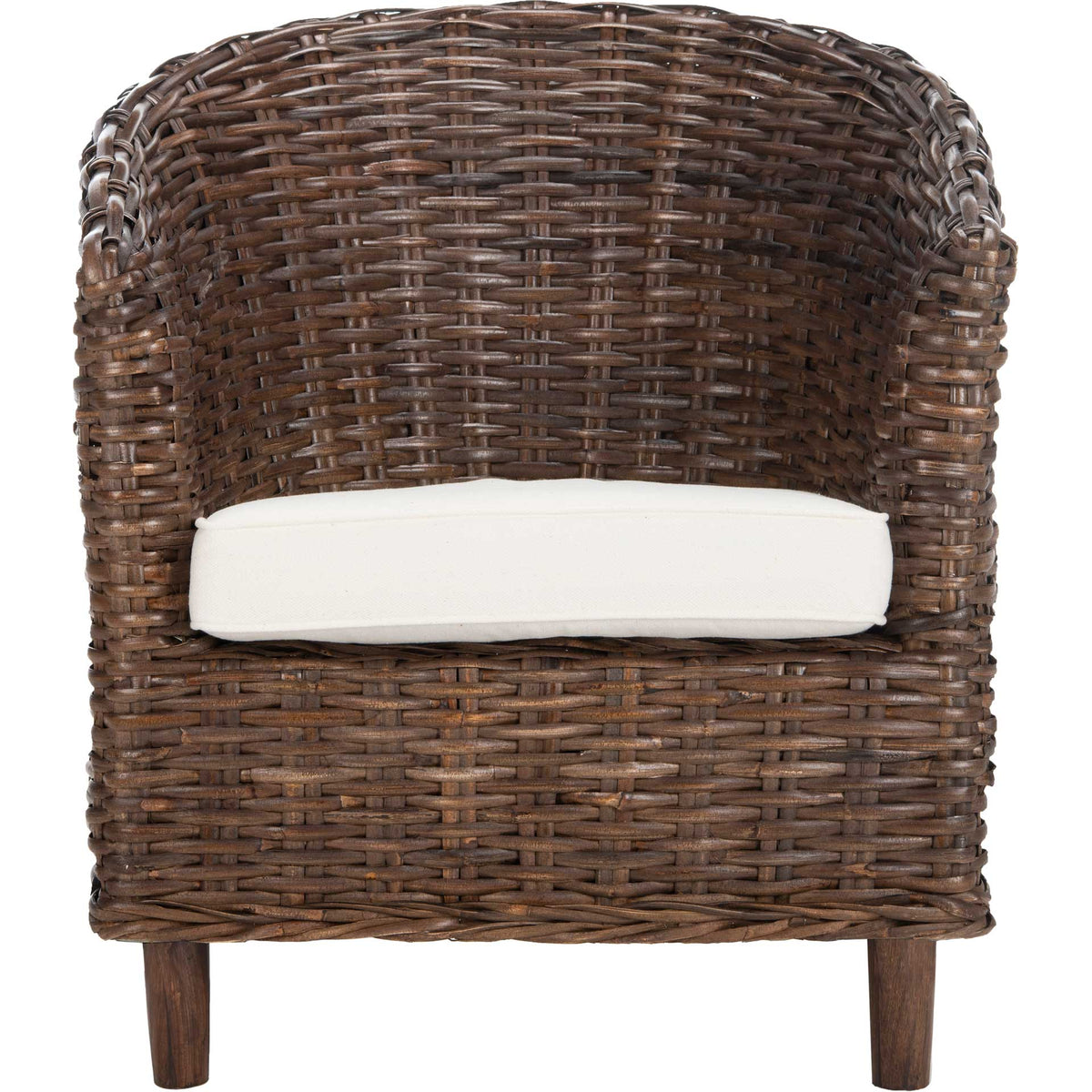 A deep brown rattan barrel chair pairs a wraparound back with a plush white seat. || FOX6501B || front_studio