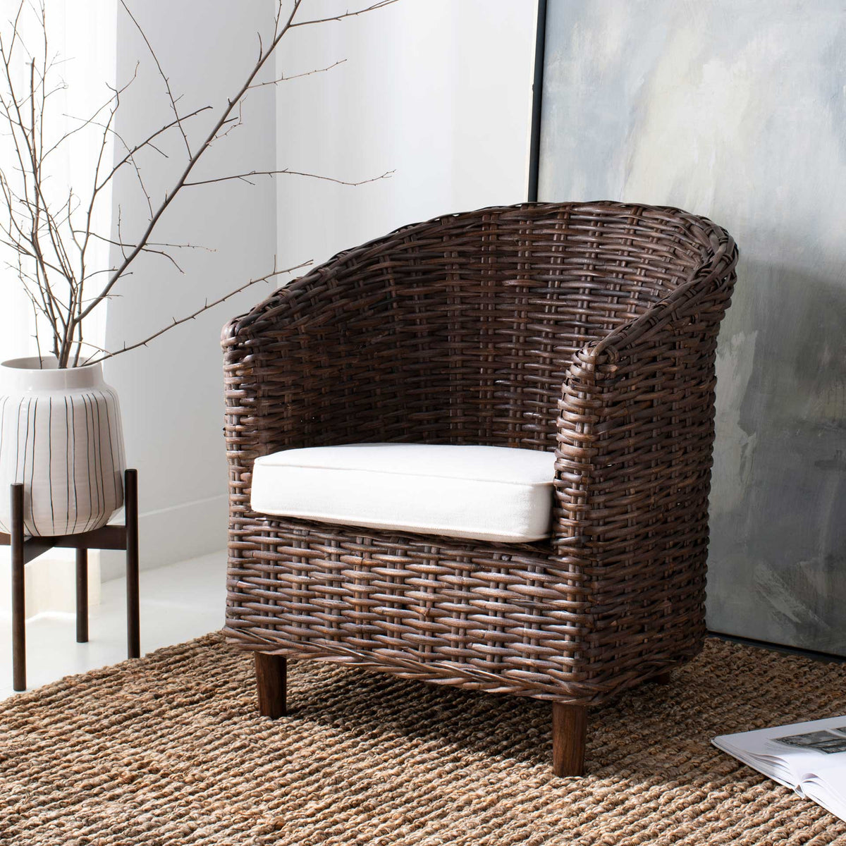 Omar Rattan Barrel Chair Brown/White
