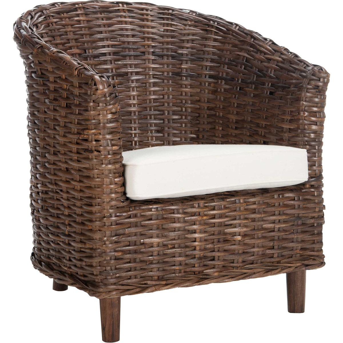 Dark brown woven rattan curves into rounded arms around a thick white seat cushion. || FOX6501B || front_angle_studio