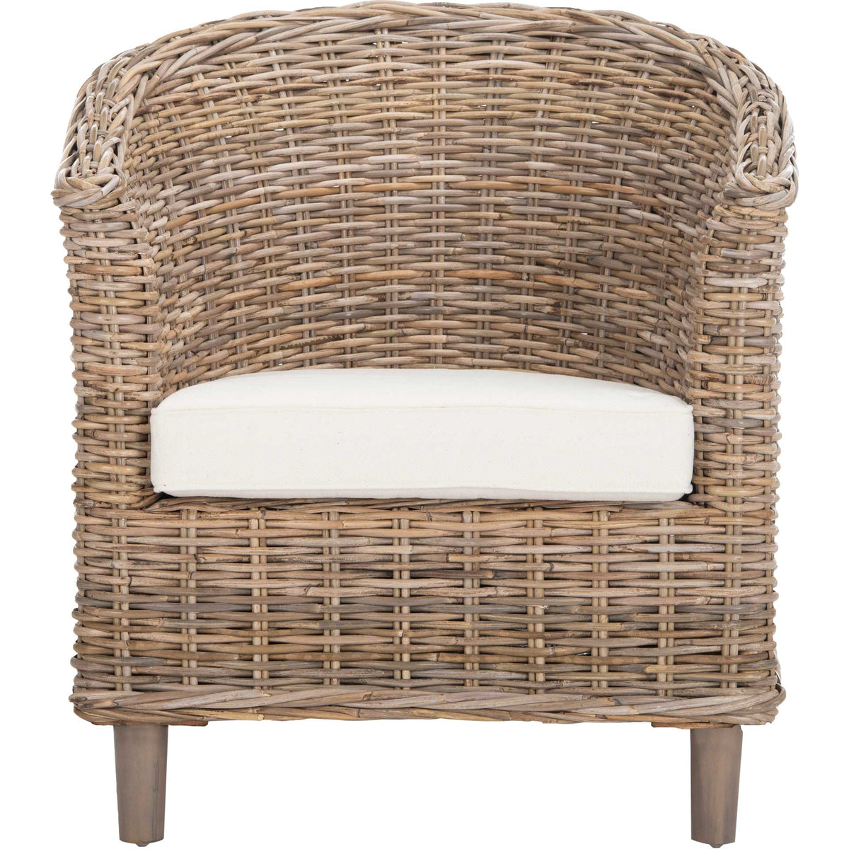 A pale natural rattan barrel chair features a wraparound back and white cushioned seat. || FOX6501C || front_studio