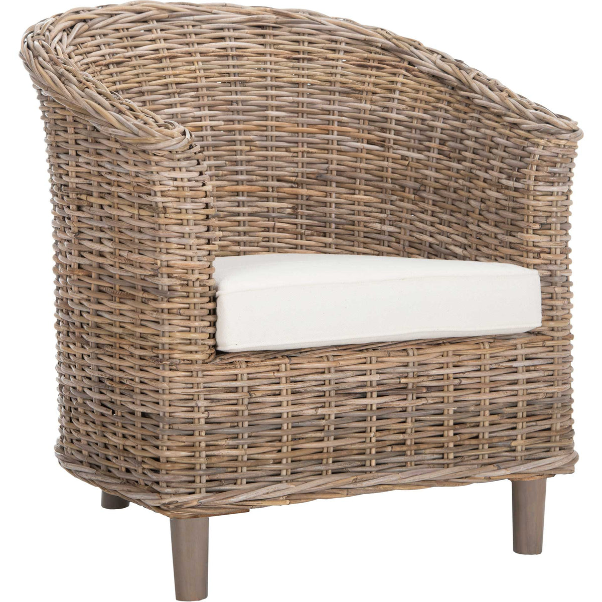Natural rattan curves around a plump white seat cushion, with woven arms and sturdy wooden legs. || FOX6501C || front_angle_studio