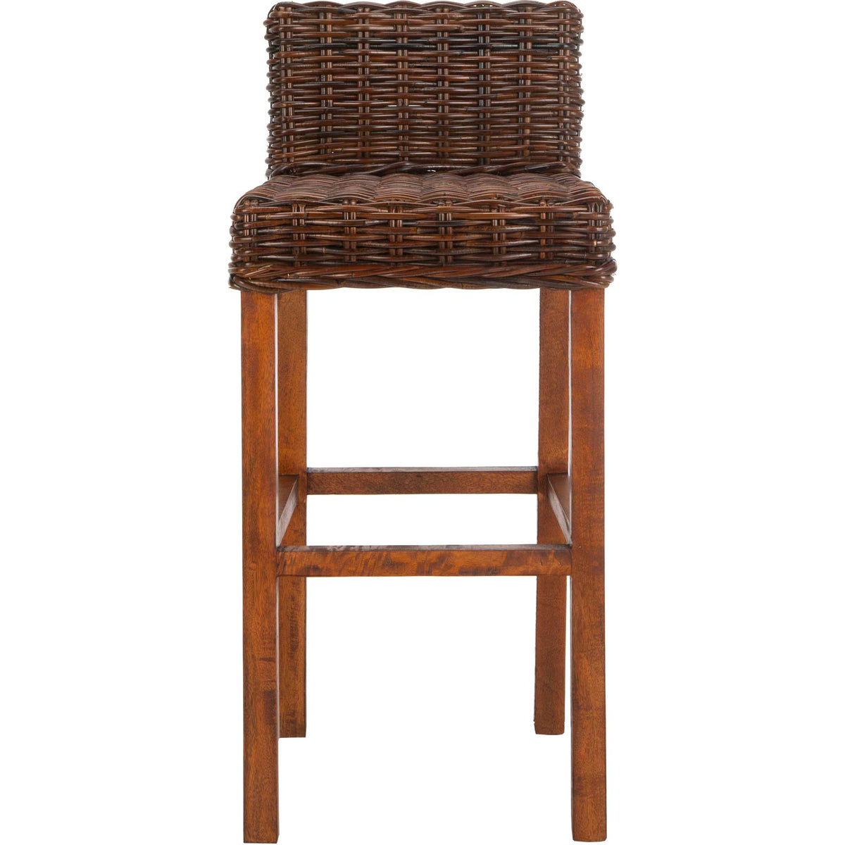 Rich brown woven rattan gives this bar stool a cozy seat and a low, supportive back. || FOX6502A || front_studio