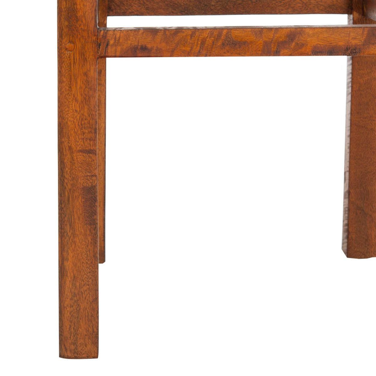 Warm brown wood grain shows through the stool's straight legs and sturdy footrest rail.