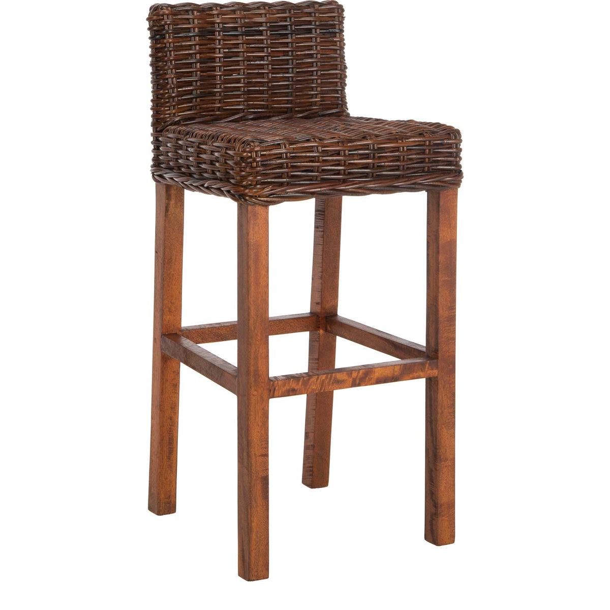 Pecan-brown rattan wraps the seat and low back above warm wood legs and a built-in footrest. || FOX6502A || front_angle_studio