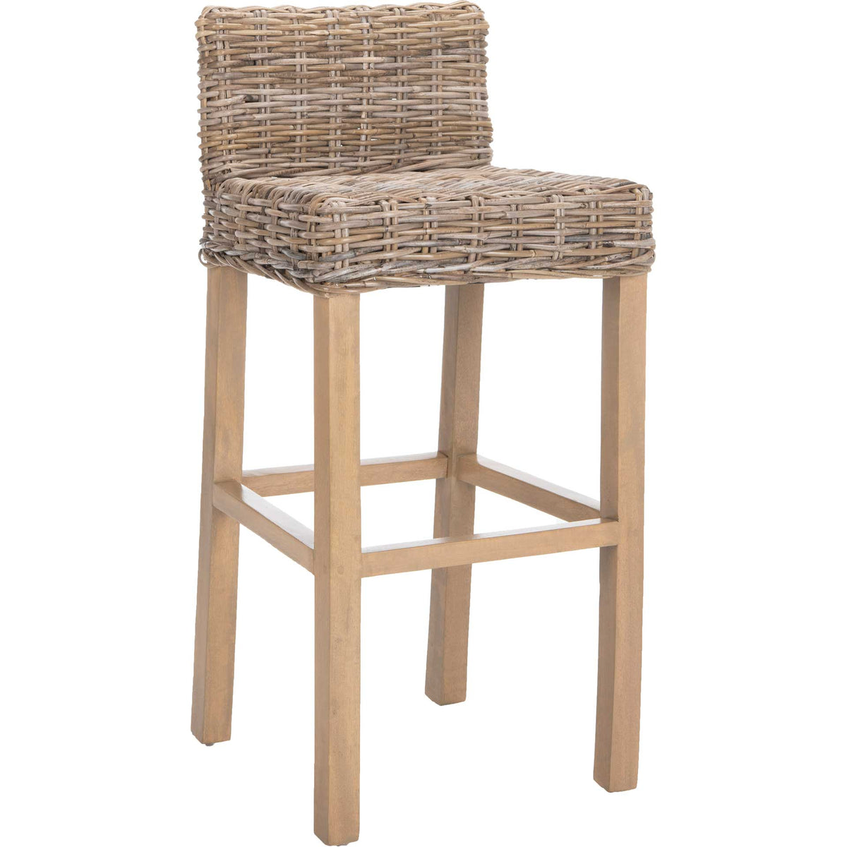 A taupe woven rattan seat and low back rest on light mango wood legs with a built-in footrest. || FOX6502B || front_angle_studio